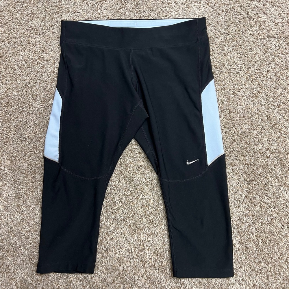 Nike Dri-FIT Women Running Leggings Black Blue Cropped Capri Tights Medium